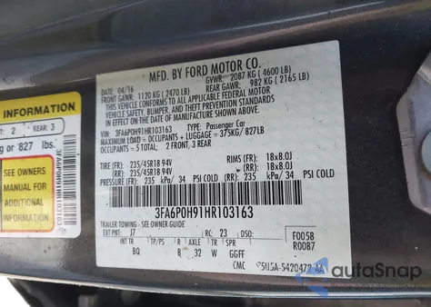 2017 Ford Fusion Se z USA, uszkodzony, nr VIN 3FA6P0H91HR103163